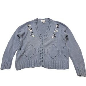 Vintage 62 East Cardigan Womens L‎ Blue Floral Embroidered Cottagecore Grandma